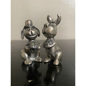 Vintage Peltro Italy Pewter Bride and Groom Dog Figurines Heavy Fine Pewter RARE